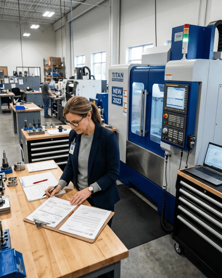 Business owner reviewing paperwork next to a CNC machine