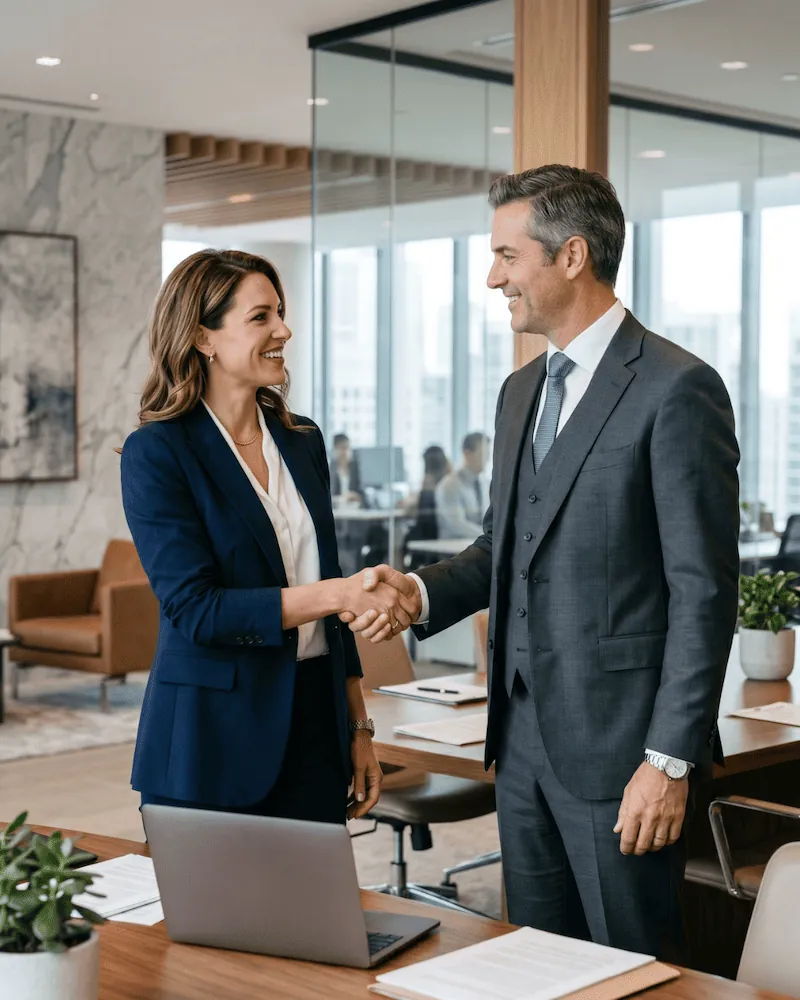 Advisor shaking hands with a business owner in an office