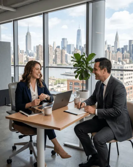 Advisor and client meeting at a desk with the city skyline behind