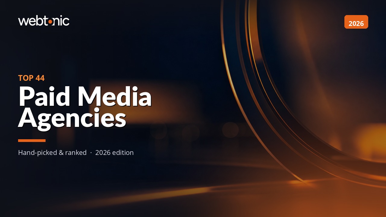 Webtonic logo with text "TOP 44 Paid Media Agencies, hand-picked and ranked, 2026 edition" on dark background