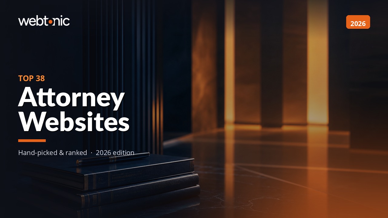 Webtonic Top 38 Attorney Websites 2026 with law books and modern office background