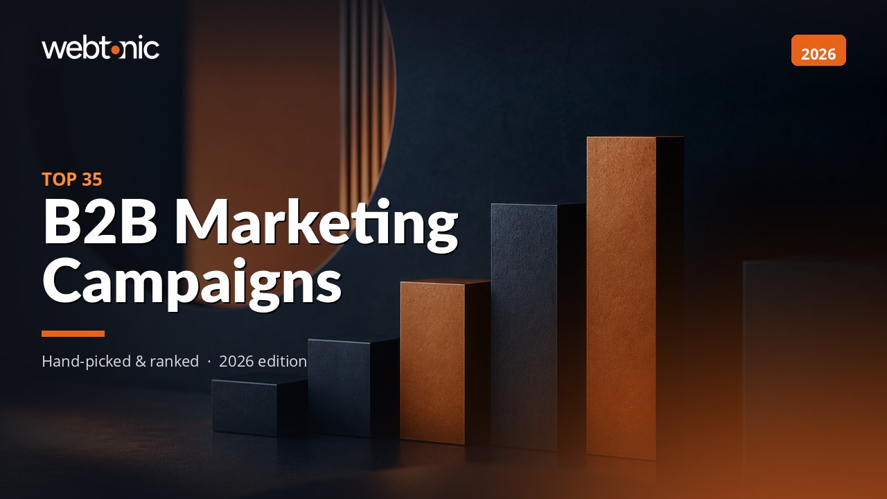 Webtonic Top 35 B2B Marketing Campaigns 2026 edition with ascending bar chart graphic