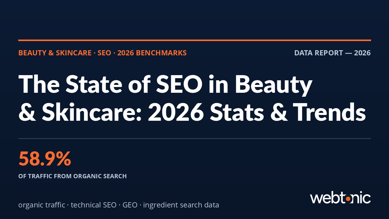 Beauty and skincare SEO statistics report thumbnail showing 58.9 percent organic traffic share on dark navy editorial layout with Web Tonic branding
