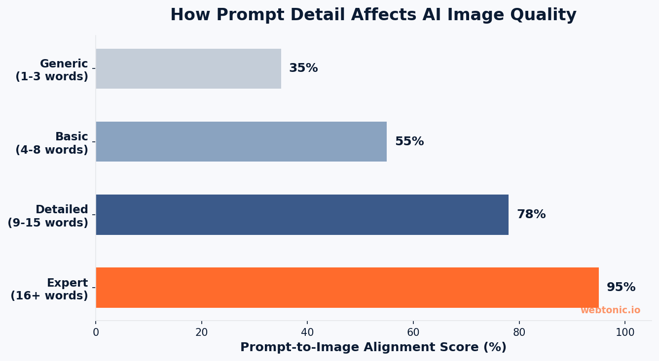 Horizontal bar chart showing how prompt detail affects AI image quality — expert prompts with 16 or more words achieve 95 percent alignment versus 35 percent for generic prompts