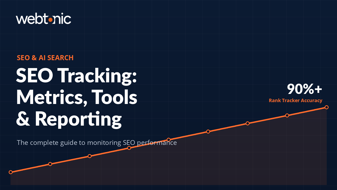 SEO Tracking guide thumbnail showing metrics tools and reporting best practices for search engine optimization