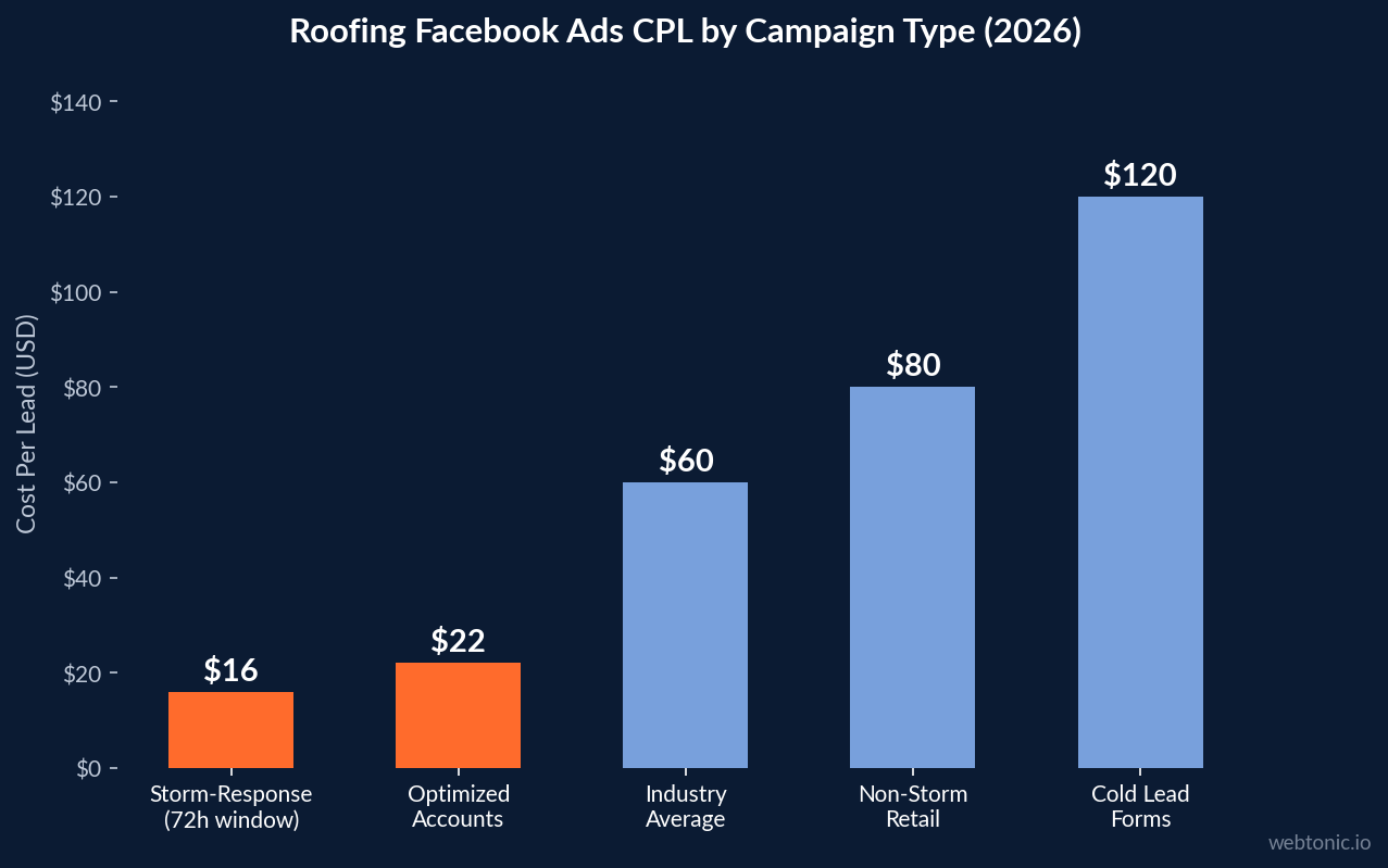 Bar chart comparing roofing Facebook Ads cost per lead by campaign type — storm-response campaigns at $16 CPL versus $80 for non-storm retail
