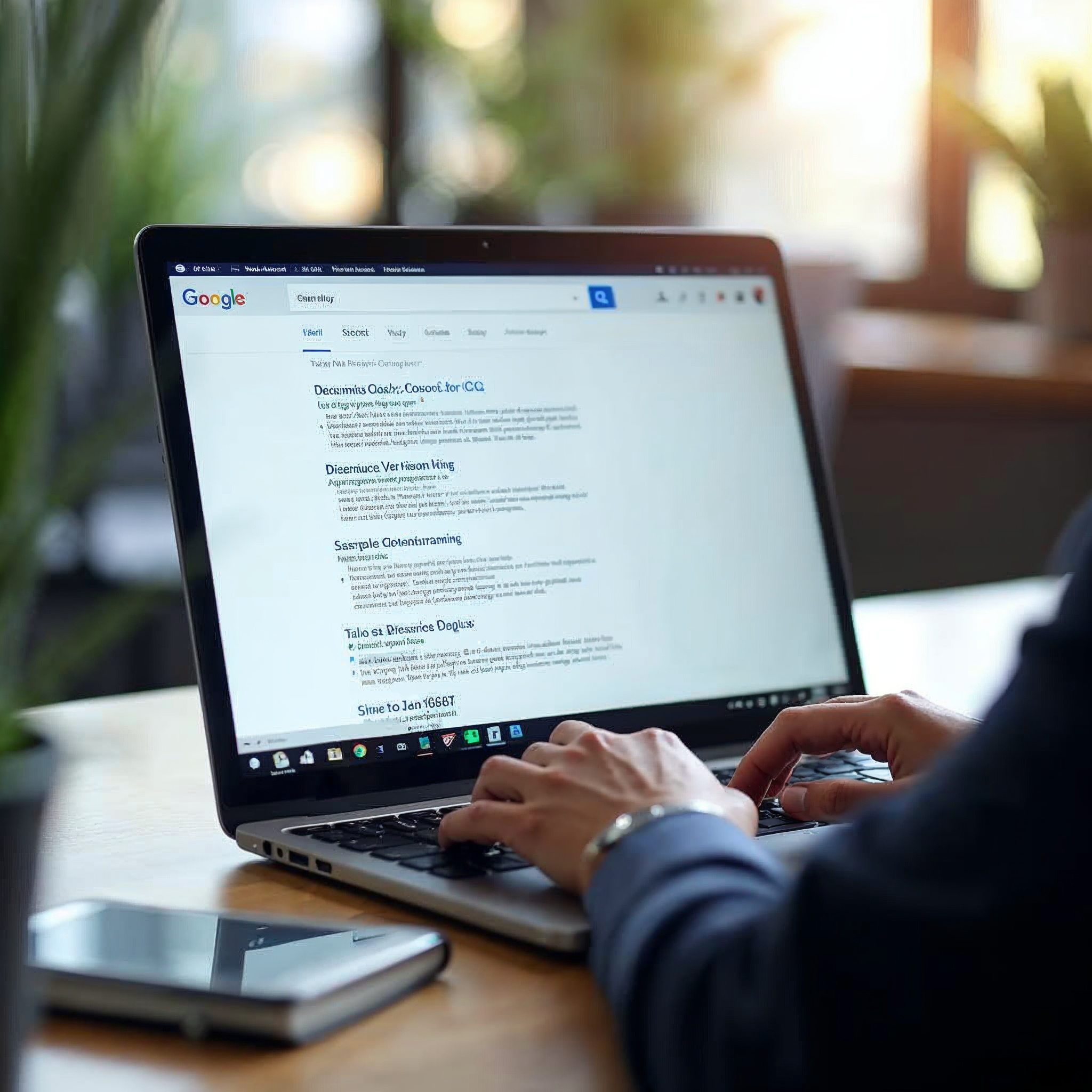 Professional content writer typing on a laptop with a search engine results page displayed on an external monitor showing title links and snippet descriptions in a modern office