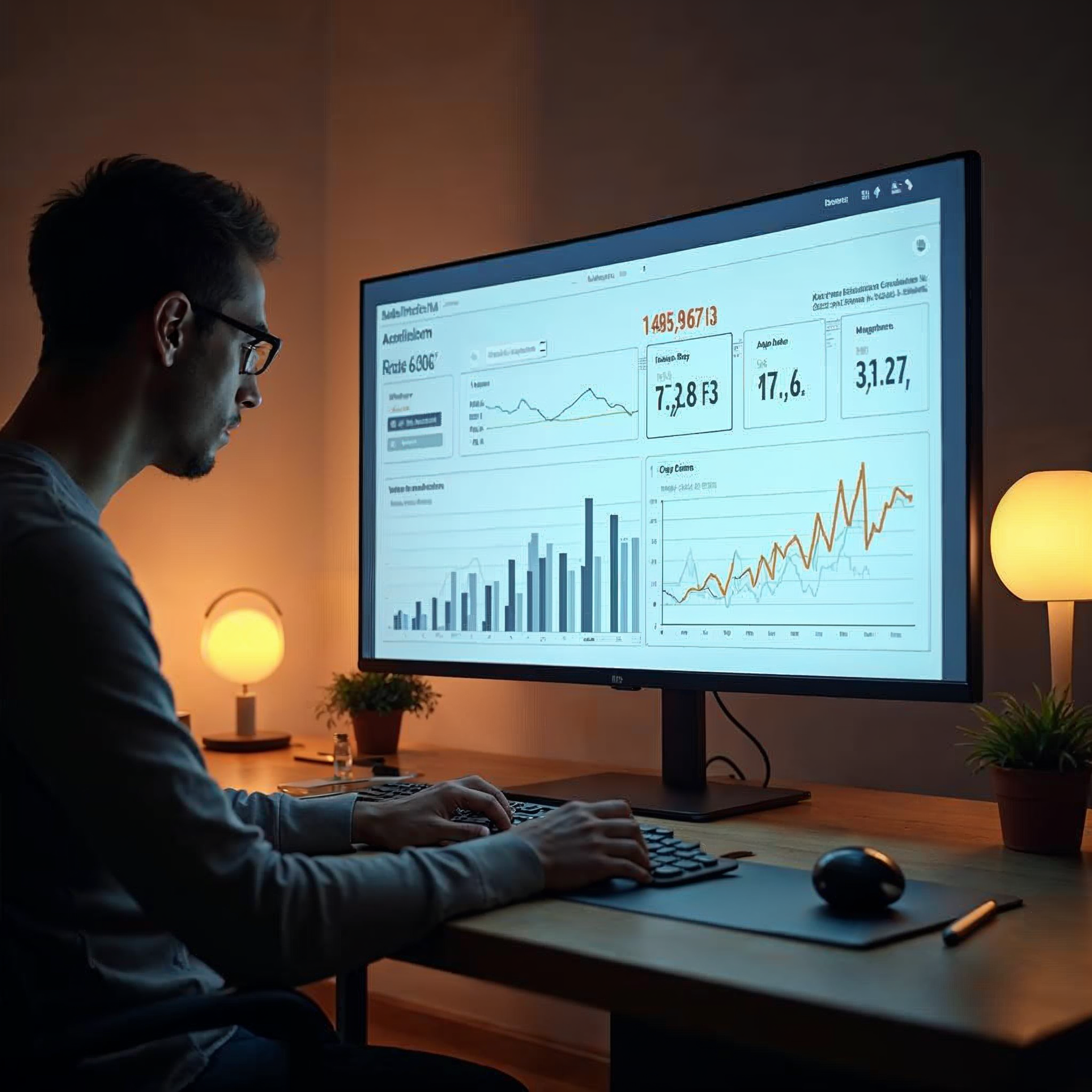 Digital marketing analytics dashboard on a large screen showing click-through rate metrics and search performance graphs in a minimalist workspace with warm lighting