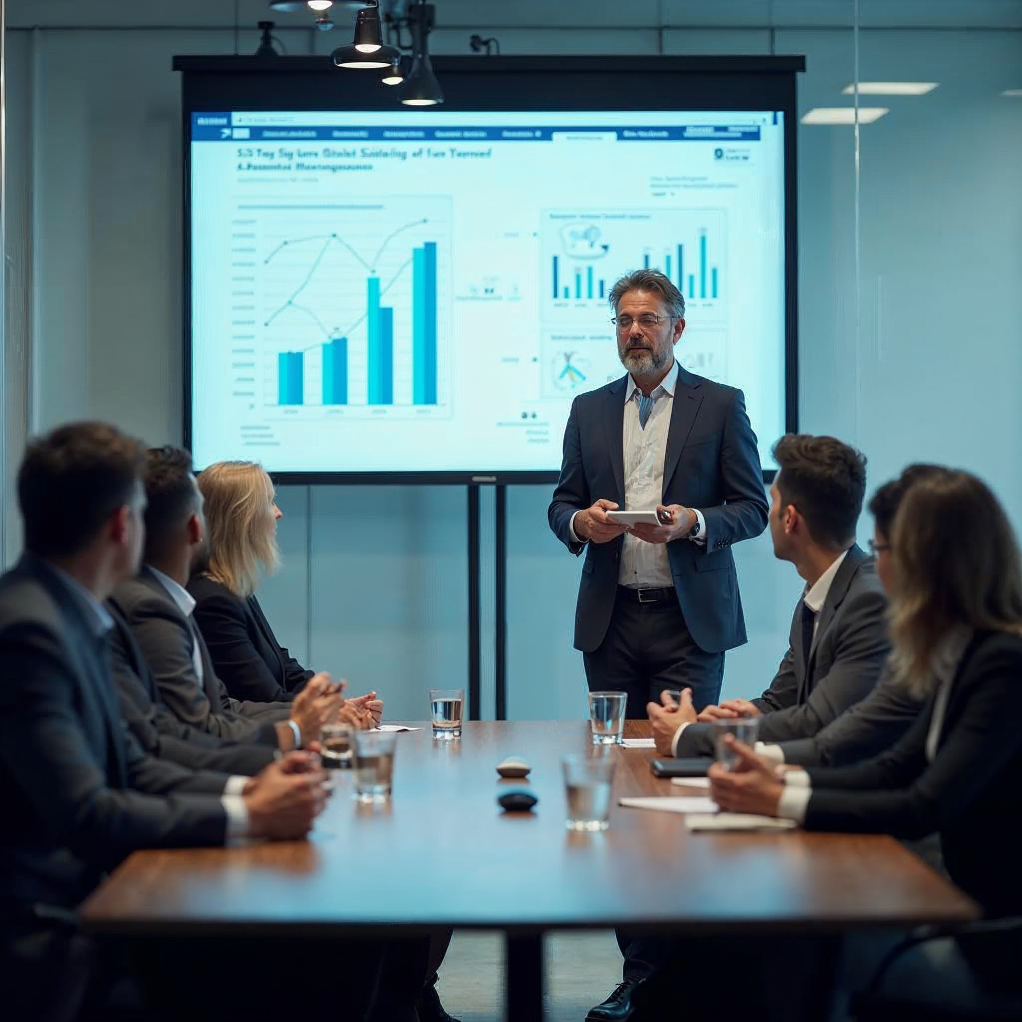Confident marketing executive leading a strategy meeting in a glass-walled boardroom with presentation slides visible on screen and a diverse team around a conference table
