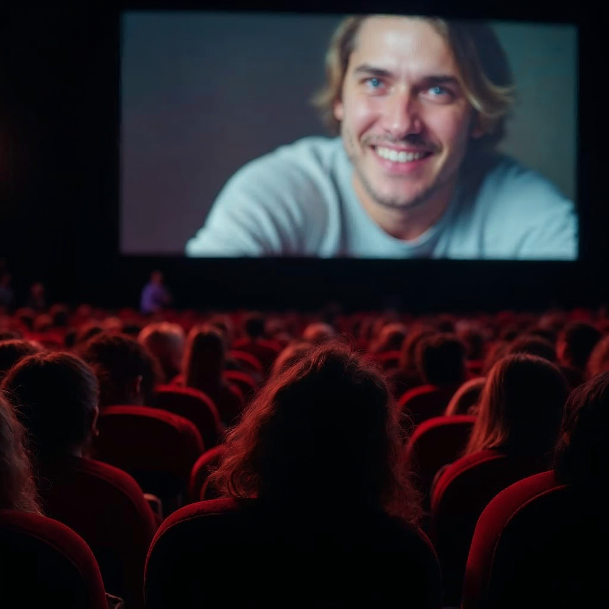 Diverse audience watching emotional advertisement on large cinema screen showing tears and smiles demonstrating viewer engagement