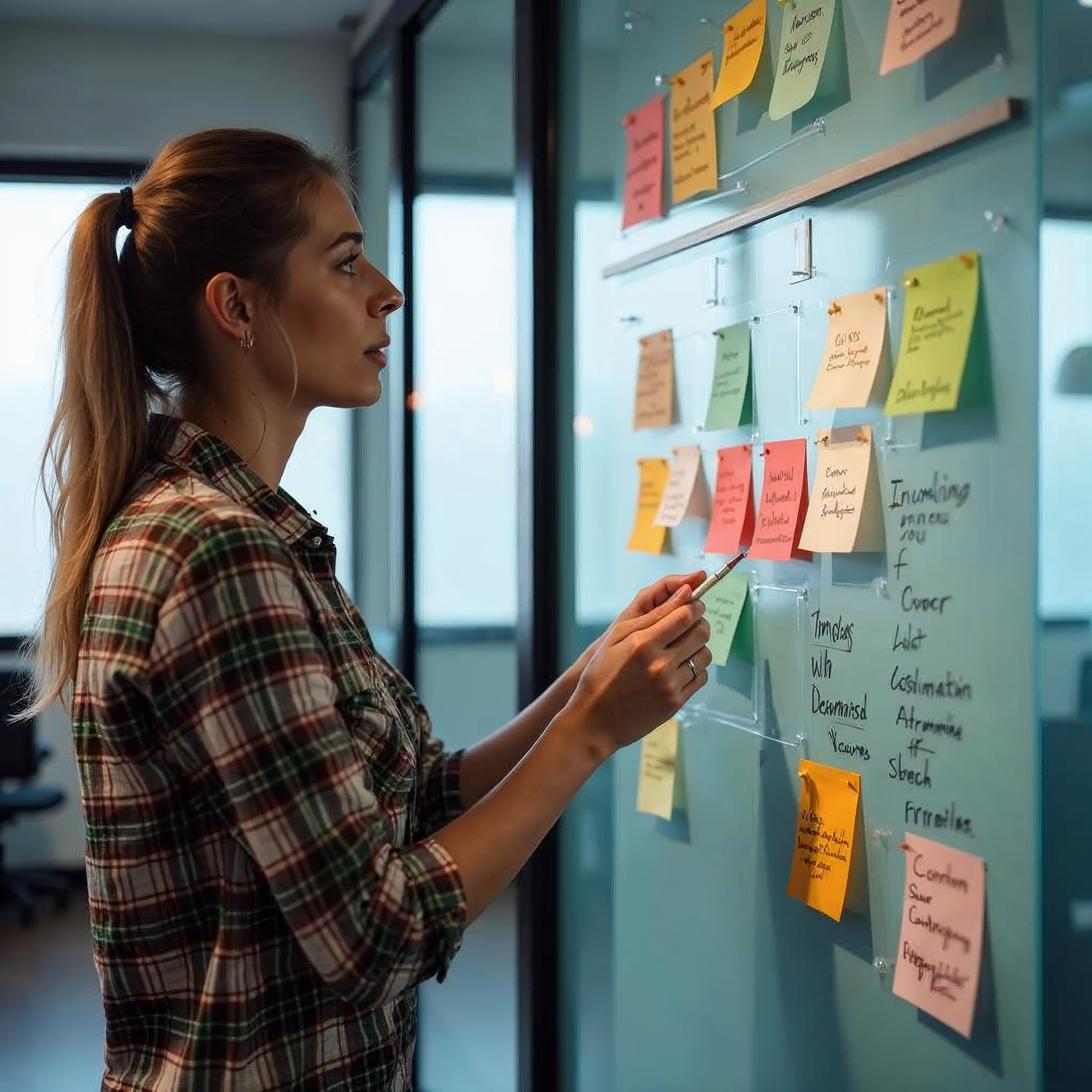 Creative director reviewing emotional advertising campaign storyboard on glass wall in modern agency office