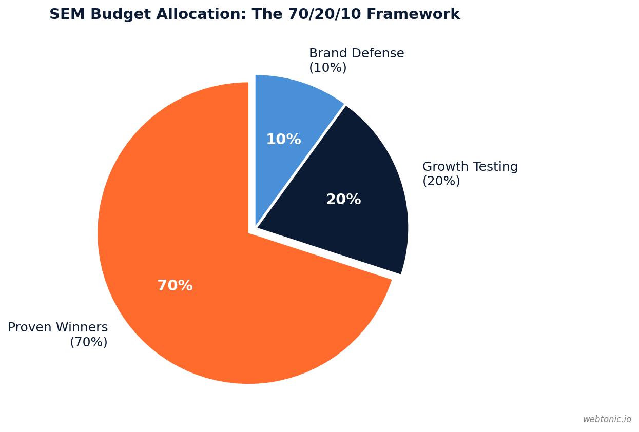 Pie chart showing SEM budget allocation with 70 percent for proven winners, 20 percent for growth testing, and 10 percent for brand defense