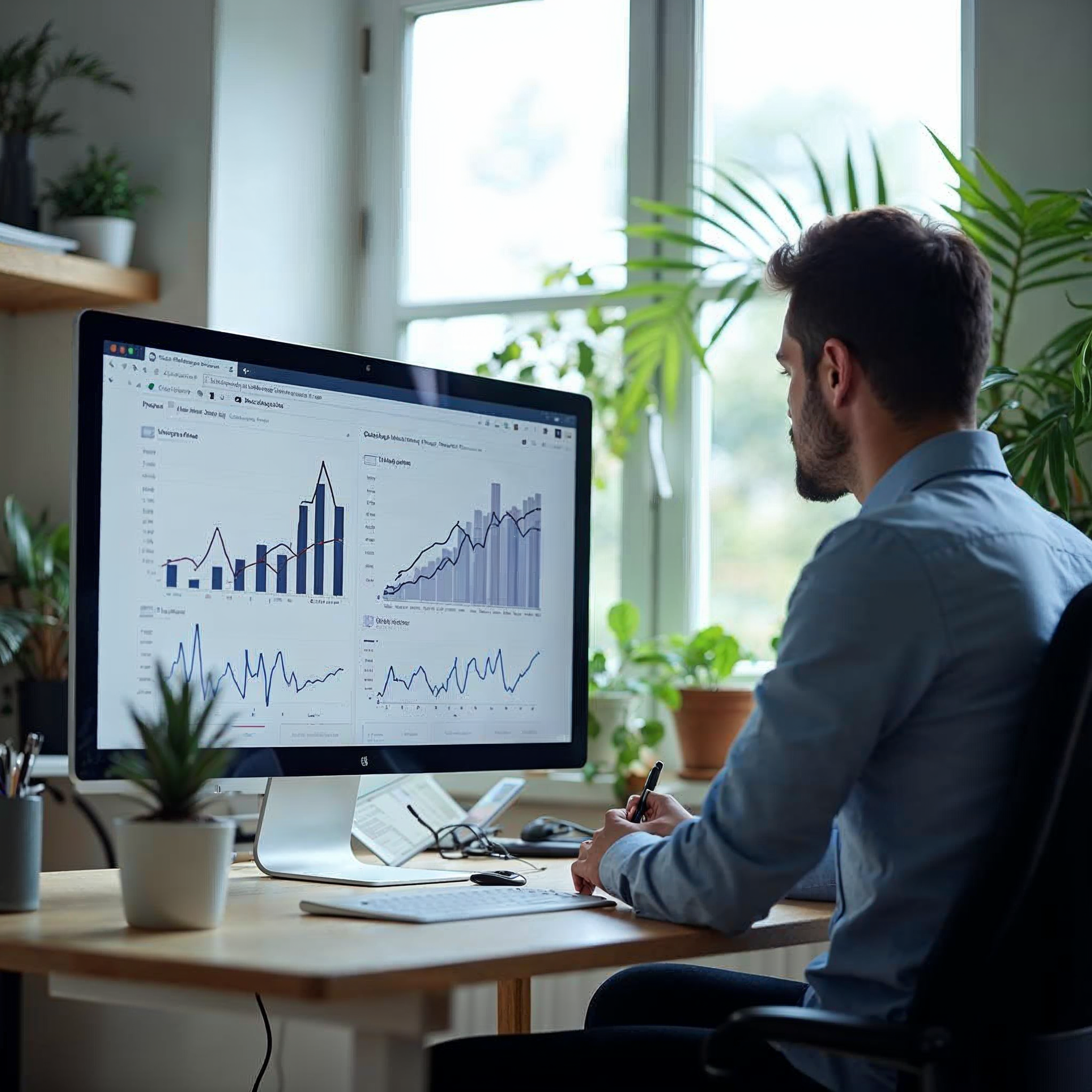 Publisher analyzing advertising revenue dashboard with ad performance metrics on a desktop monitor