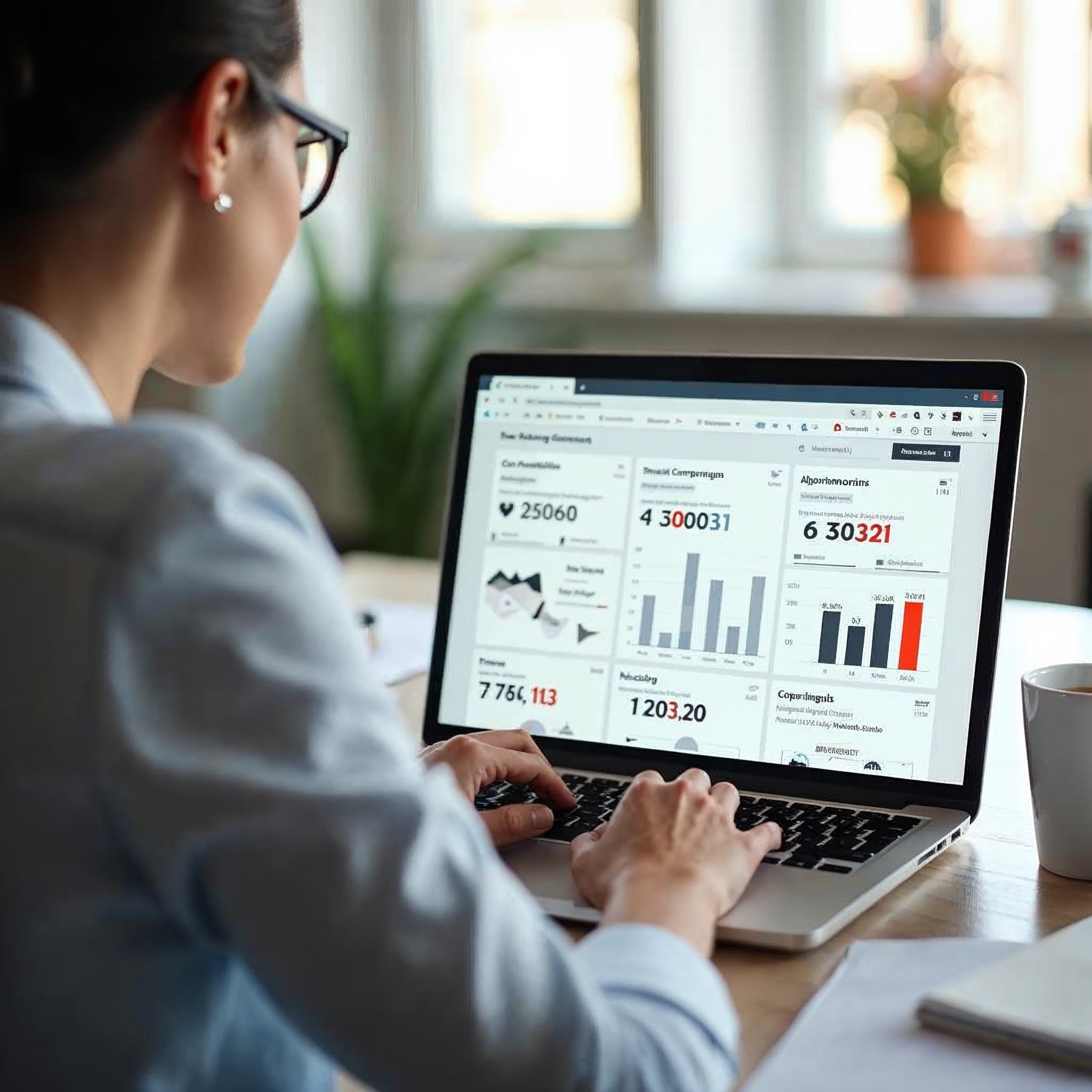 Digital marketing specialist conducting outreach research on a laptop with spreadsheets showing website authority metrics and contact databases for link building campaigns