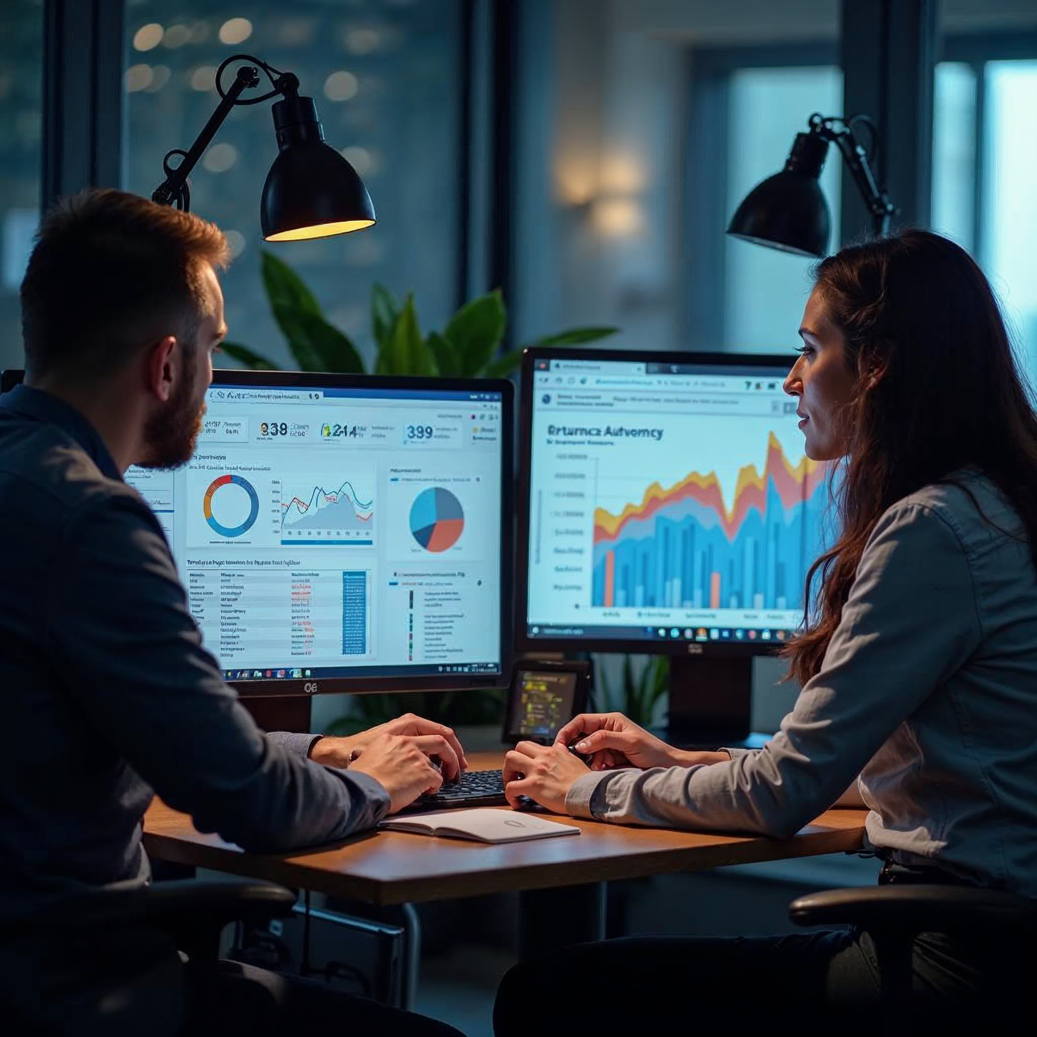 Two SEO professionals reviewing backlink analysis reports on dual monitors displaying domain authority charts and organic traffic growth data