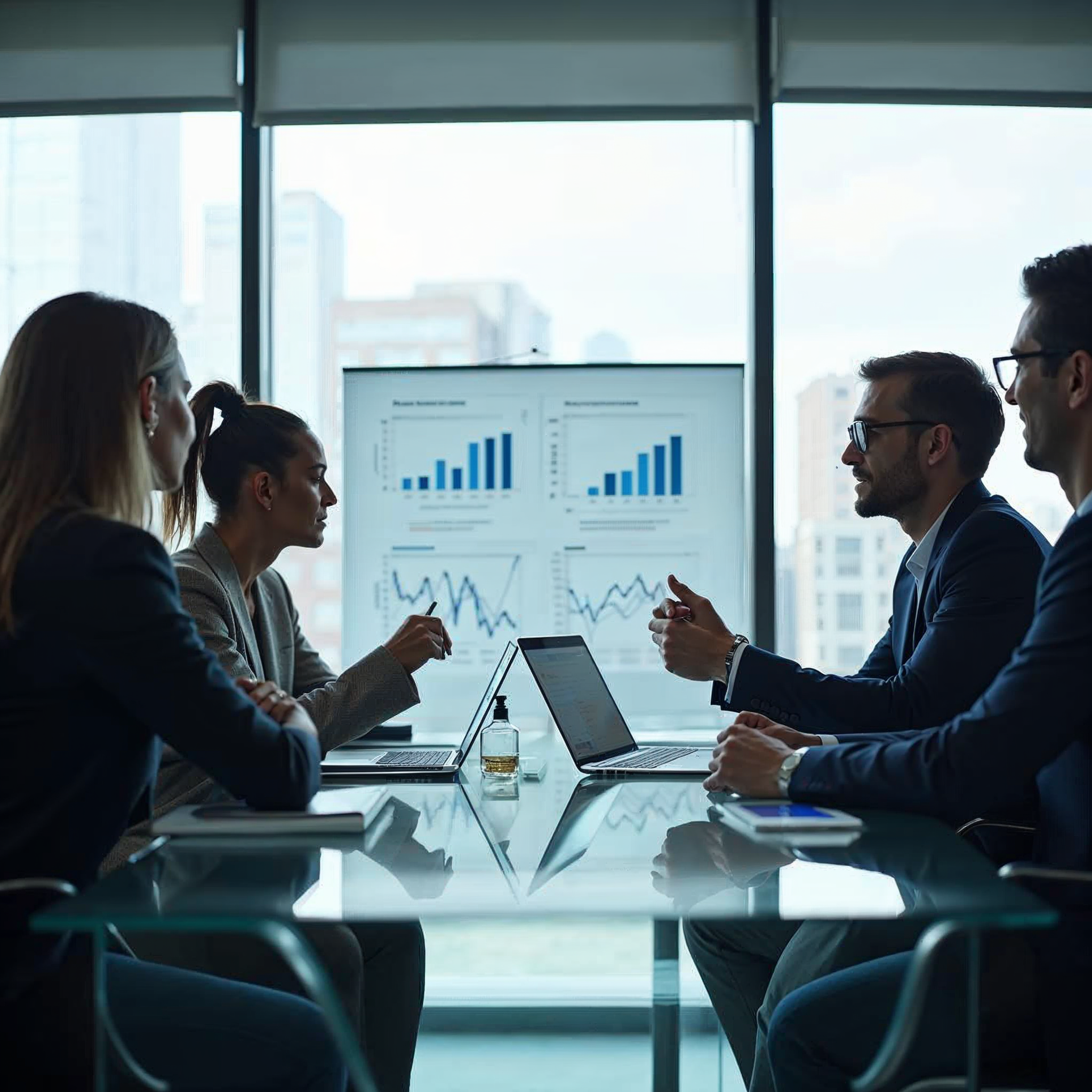 Business team collaborating in a modern conference room reviewing data dashboards and account engagement metrics on a large display screen