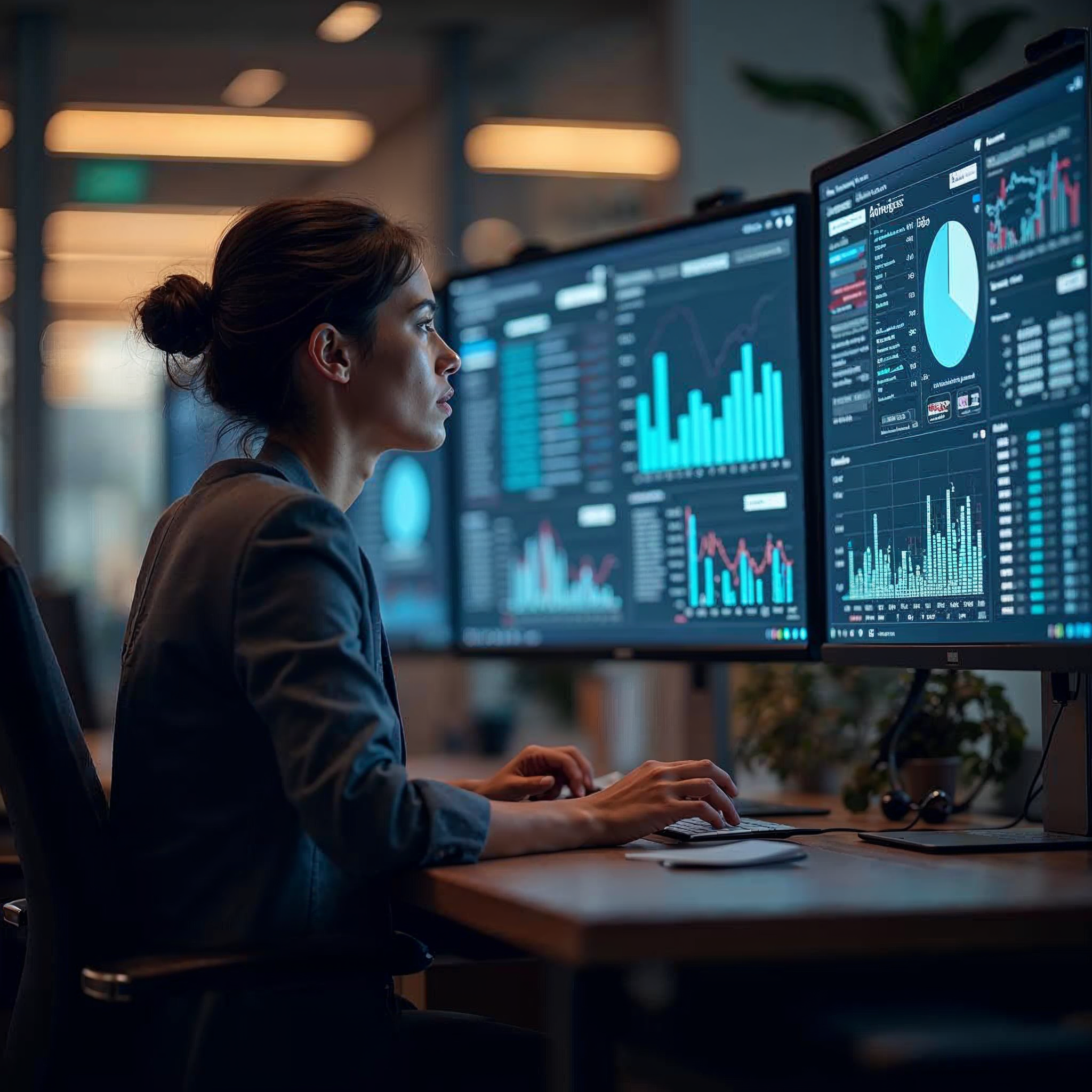 Marketing professional analyzing account engagement data on multiple monitors showing pipeline metrics and campaign performance