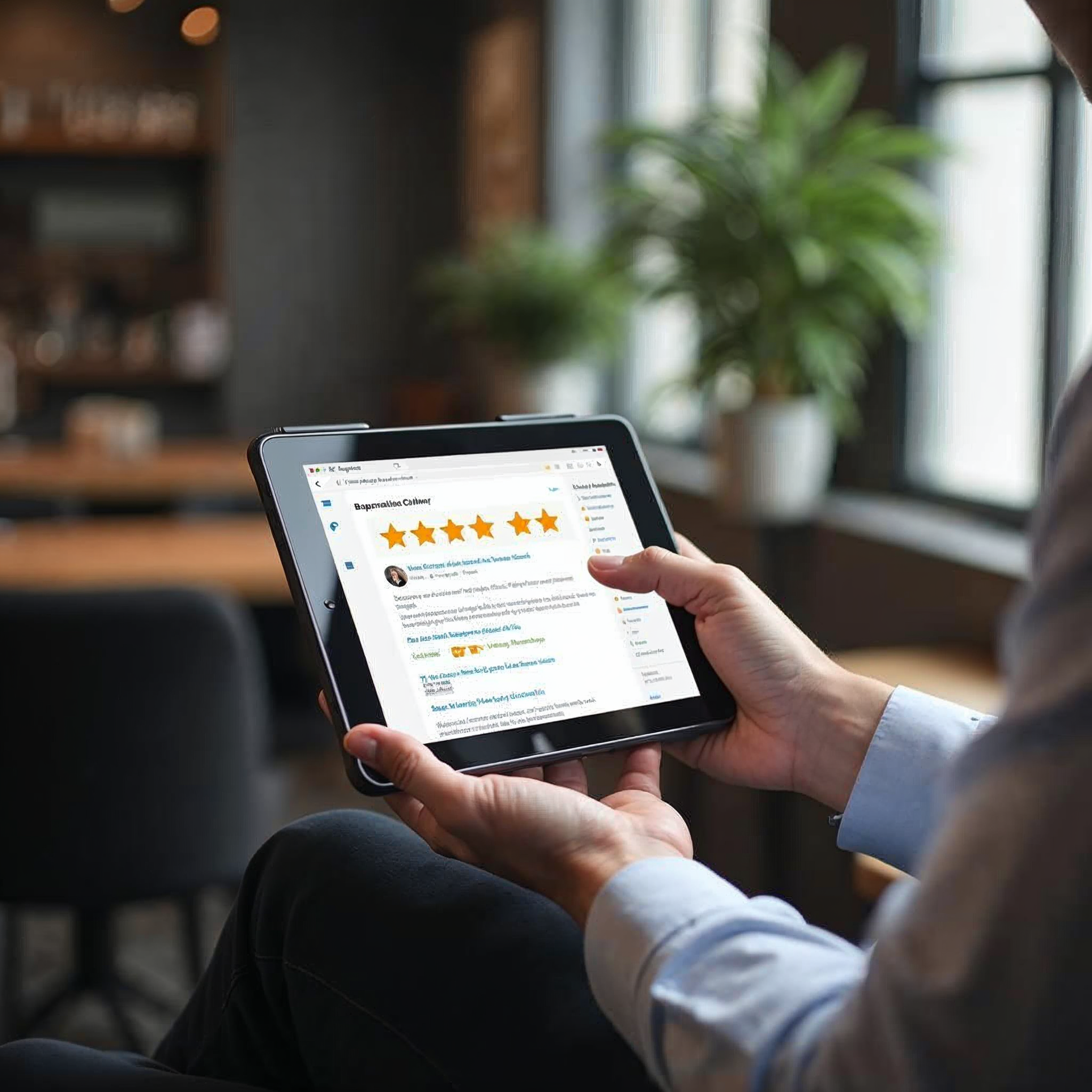 Business owner reviewing online customer reviews and star ratings on a tablet device in a modern coworking space with natural light