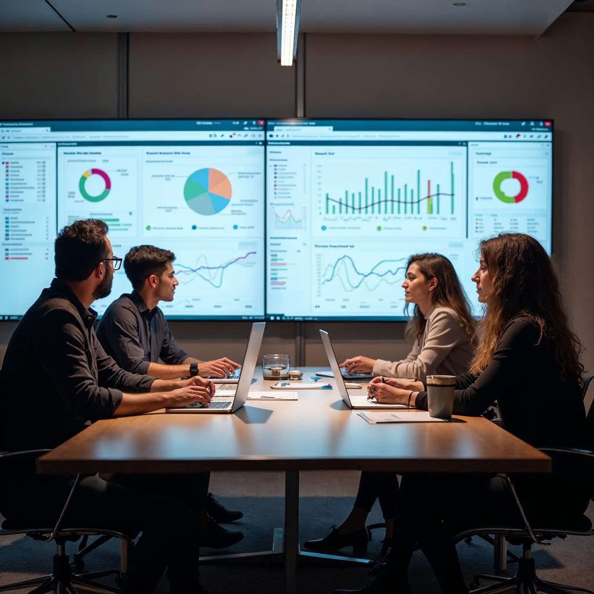 Marketing team reviewing brand sentiment dashboards and social media monitoring data on a large wall-mounted display in a modern office