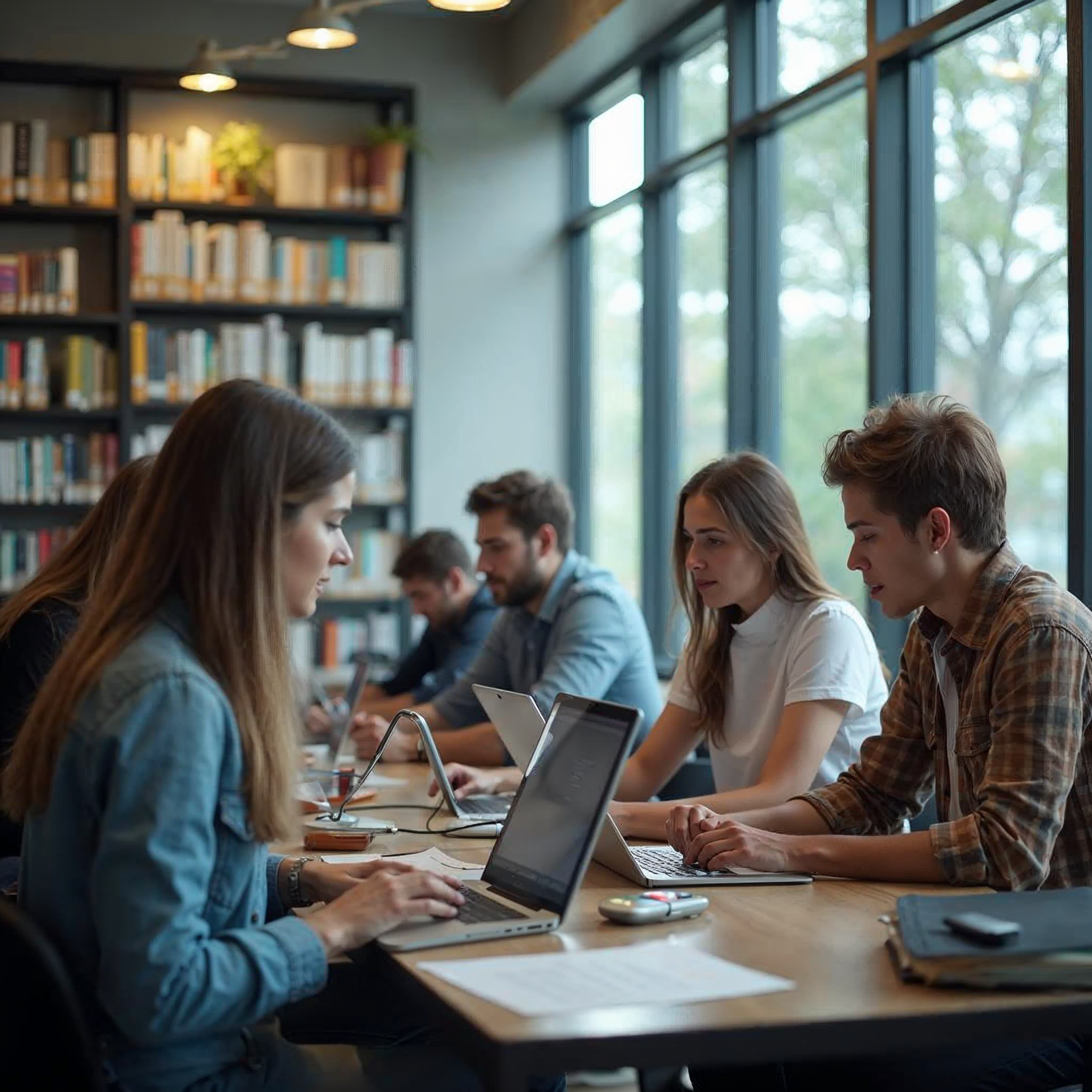 Students using AI rephrasing solutions for academic writing in a modern library