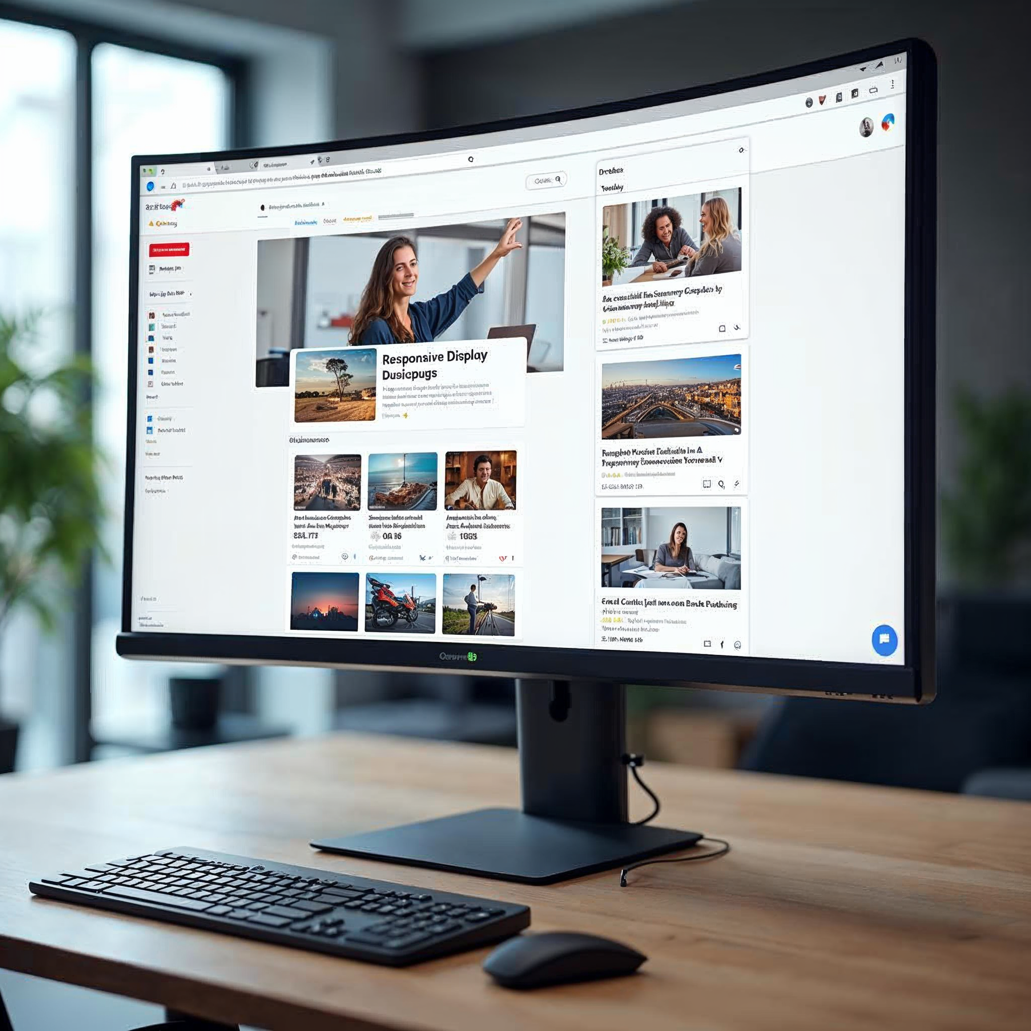 Google Ads dashboard interface showing responsive display ad builder with uploaded image assets in landscape and square aspect ratios