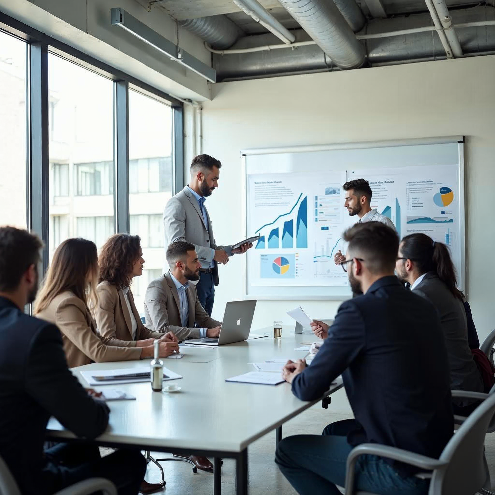 Business team in a modern conference room reviewing advertising strategy on a whiteboard with campaign performance charts