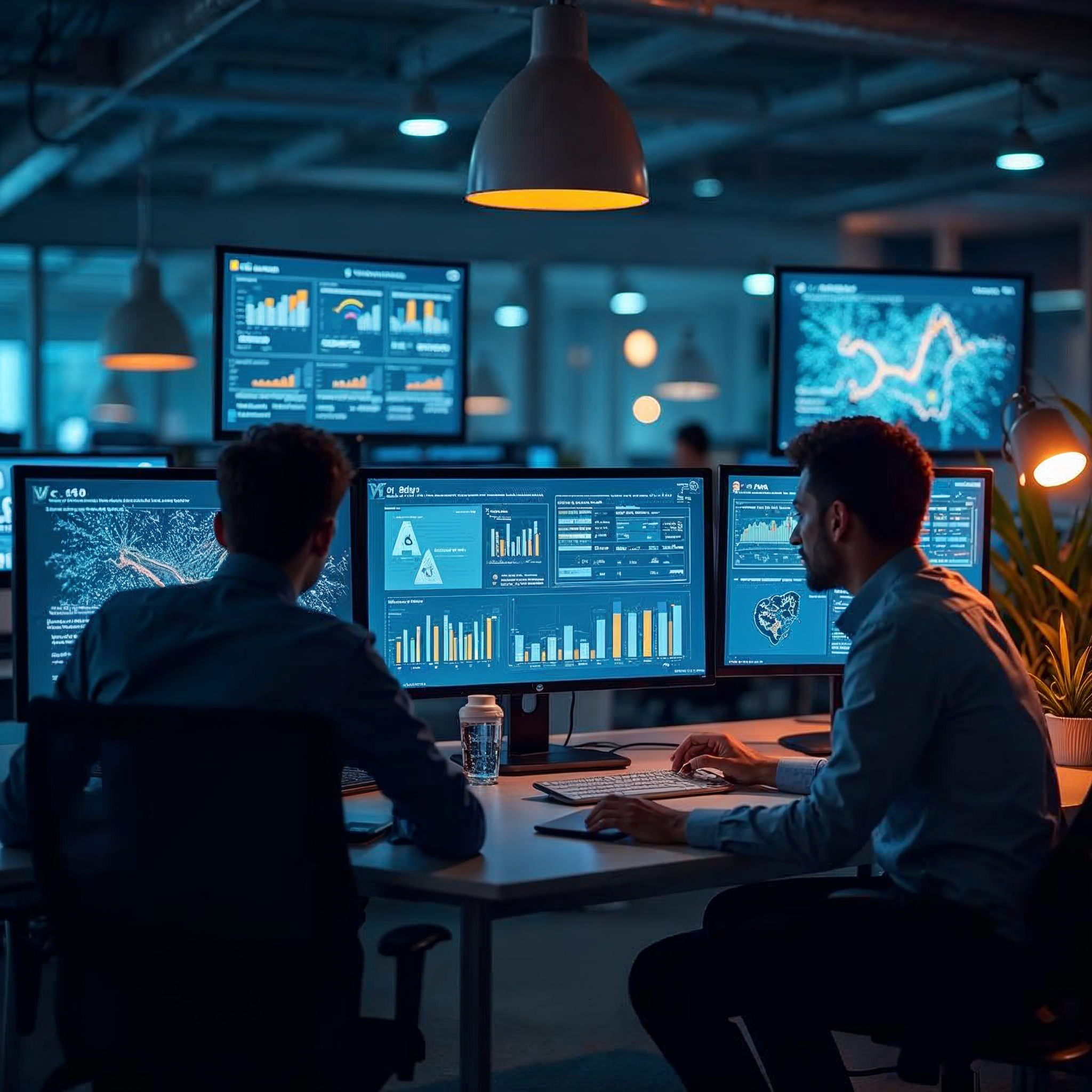 Digital marketing team analyzing SEO data on multiple screens in a modern office with charts visible