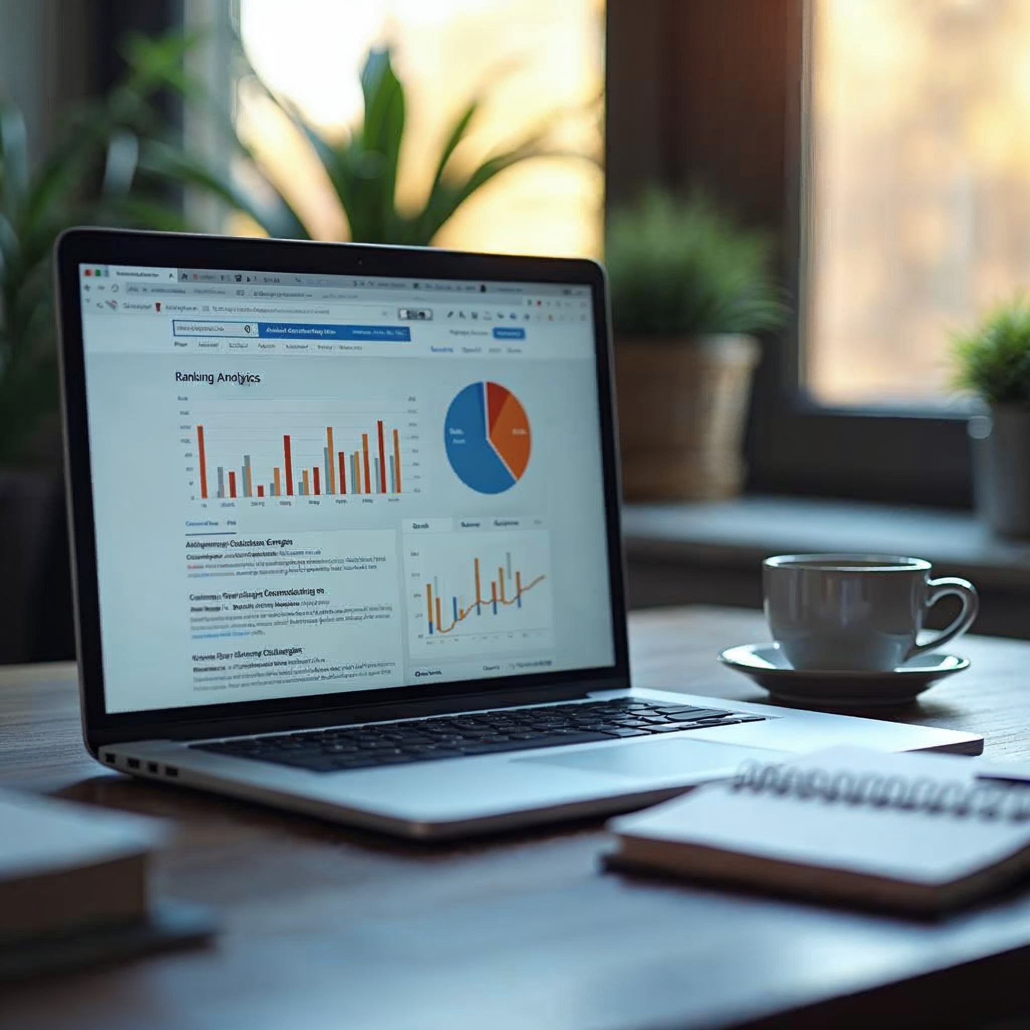 Laptop screen displaying a search engine results page with ranking analytics dashboard in a clean modern workspace