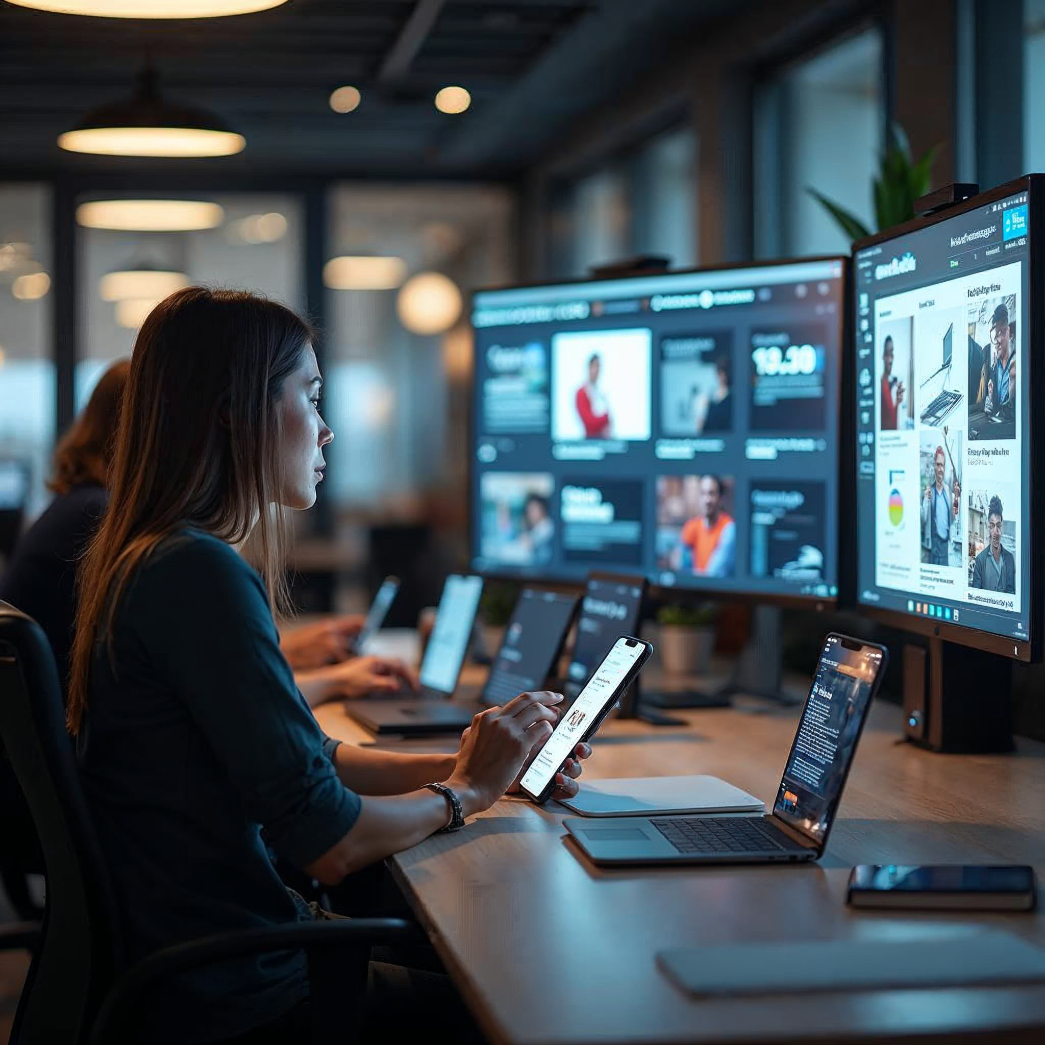 Marketing team analyzing mobile advertising campaign performance metrics on multiple screens in modern office