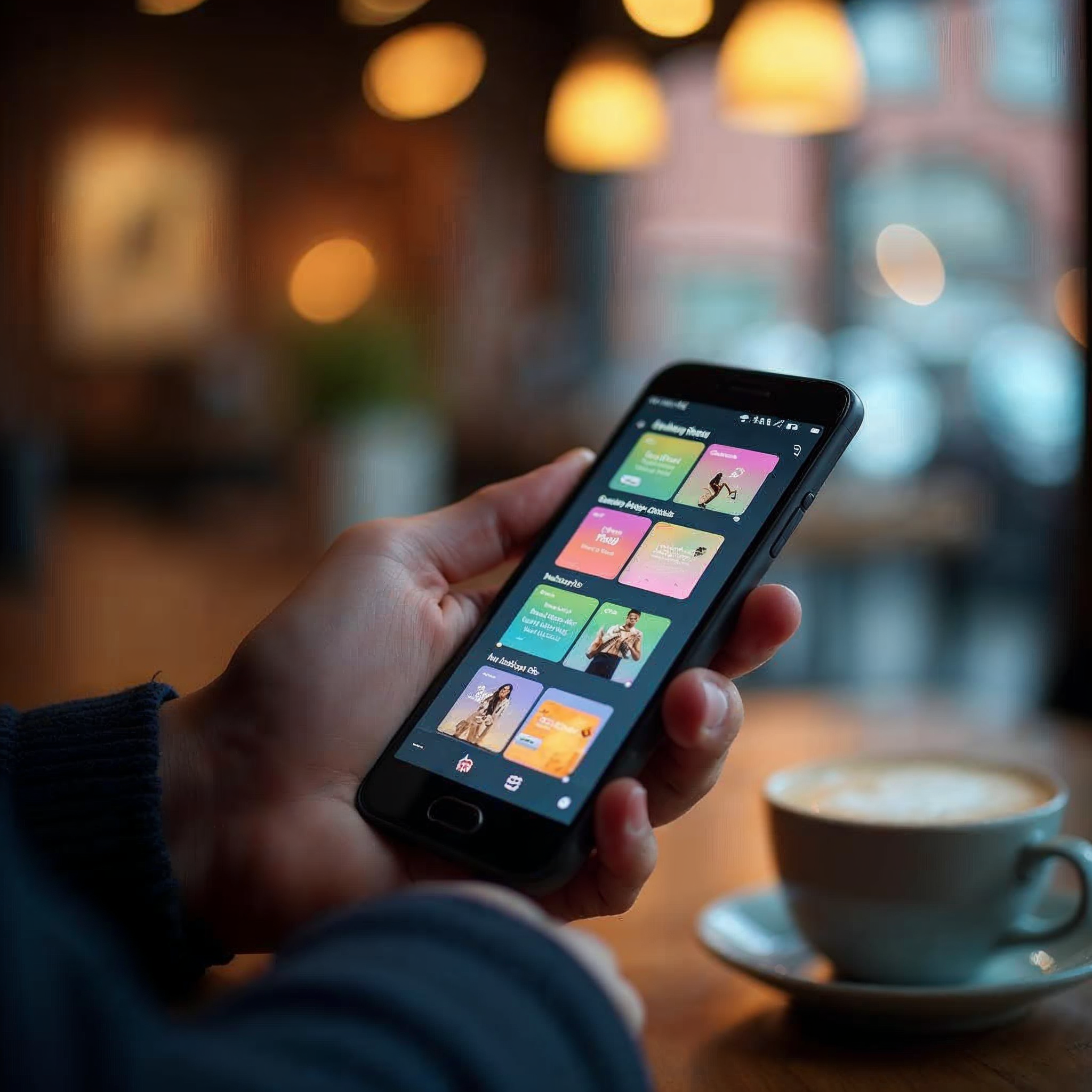 Person scrolling through smartphone showing interactive mobile ad formats in urban setting