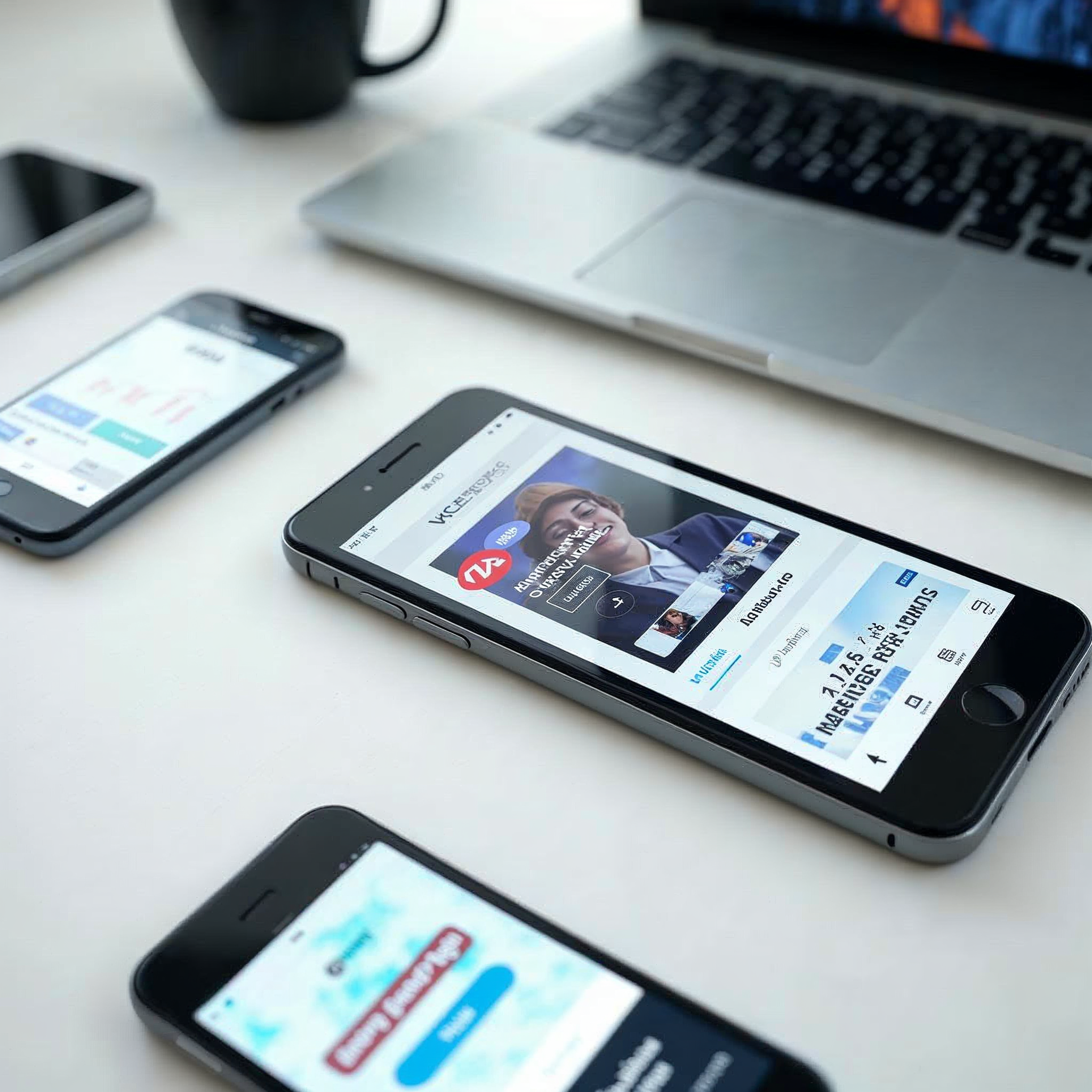 Overhead view of marketing workspace with smartphones displaying various mobile ad formats alongside analytics laptop