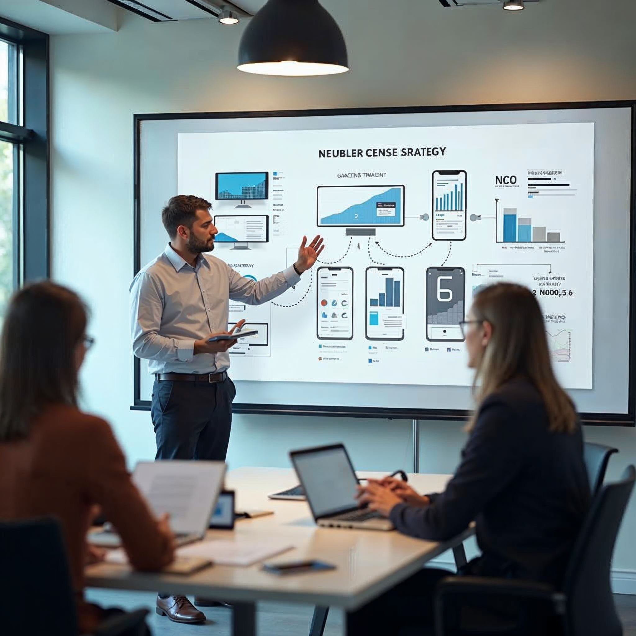 Creative director presenting mobile advertising strategy with smartphone mockups and performance data