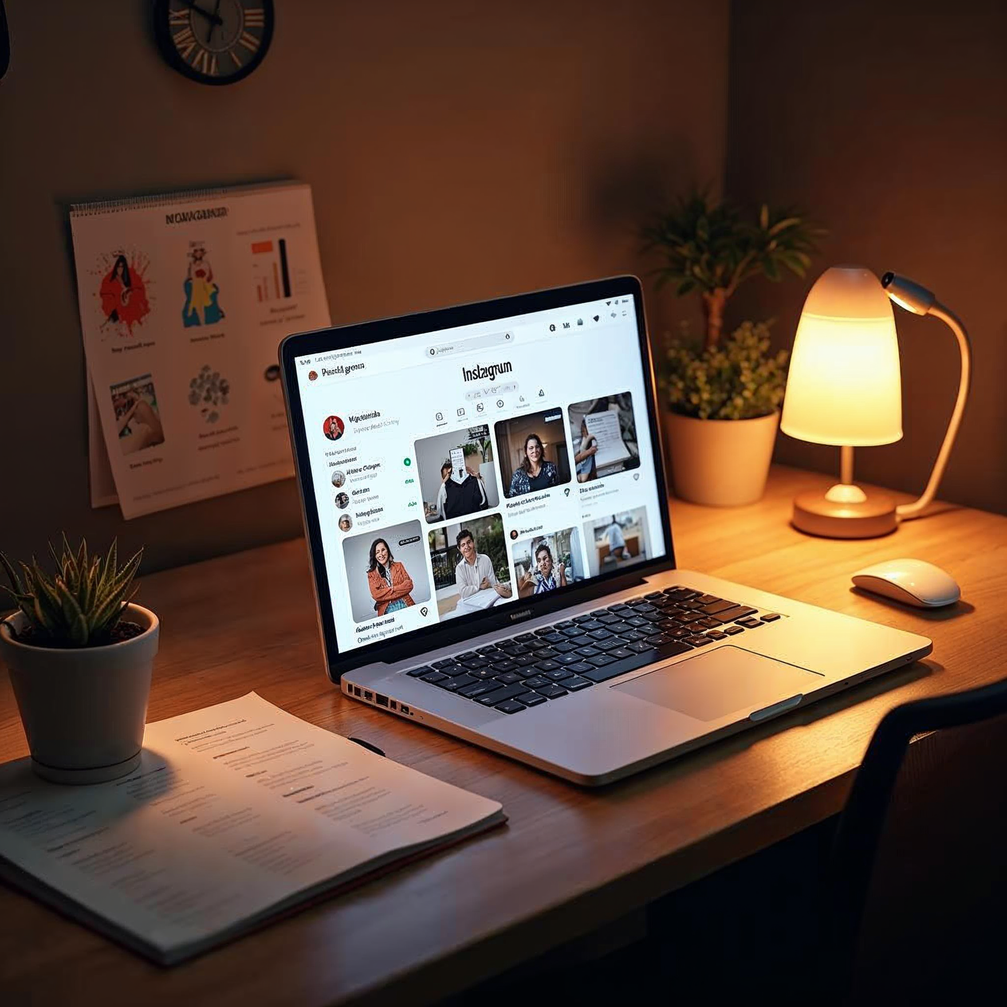Creative workspace showing Instagram feed mockups on laptop with content calendar and analytics reports