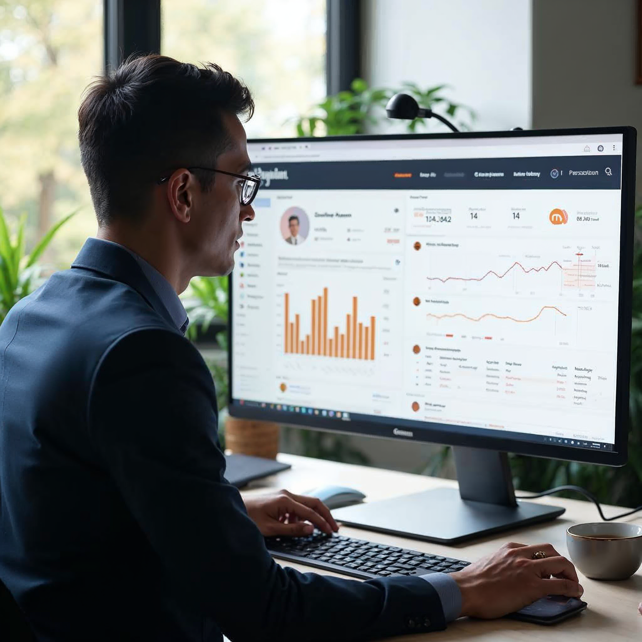Instagram marketing consultant reviewing social media analytics and engagement metrics on large monitor