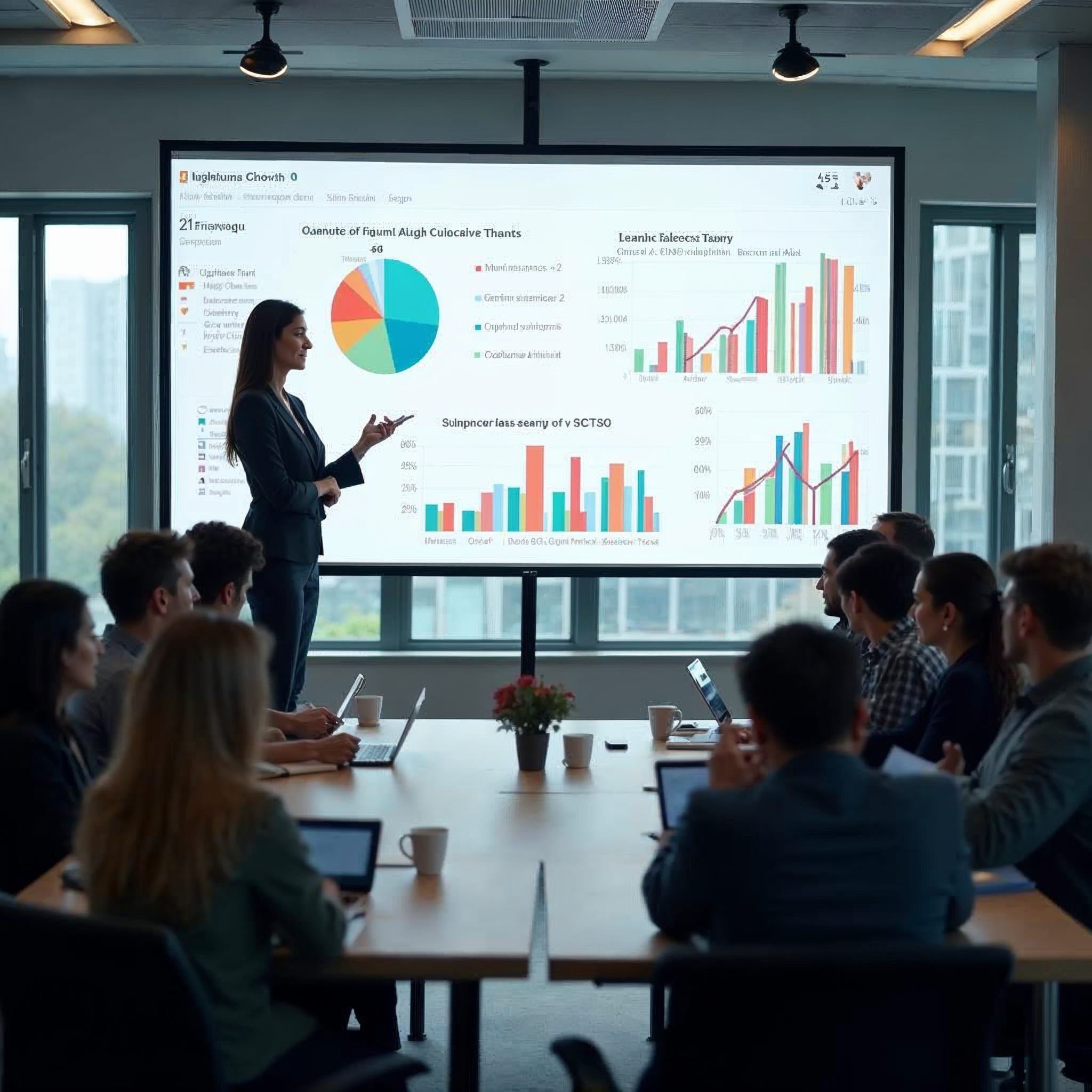 Professional presenting Instagram growth strategy and engagement metrics to business team in conference room