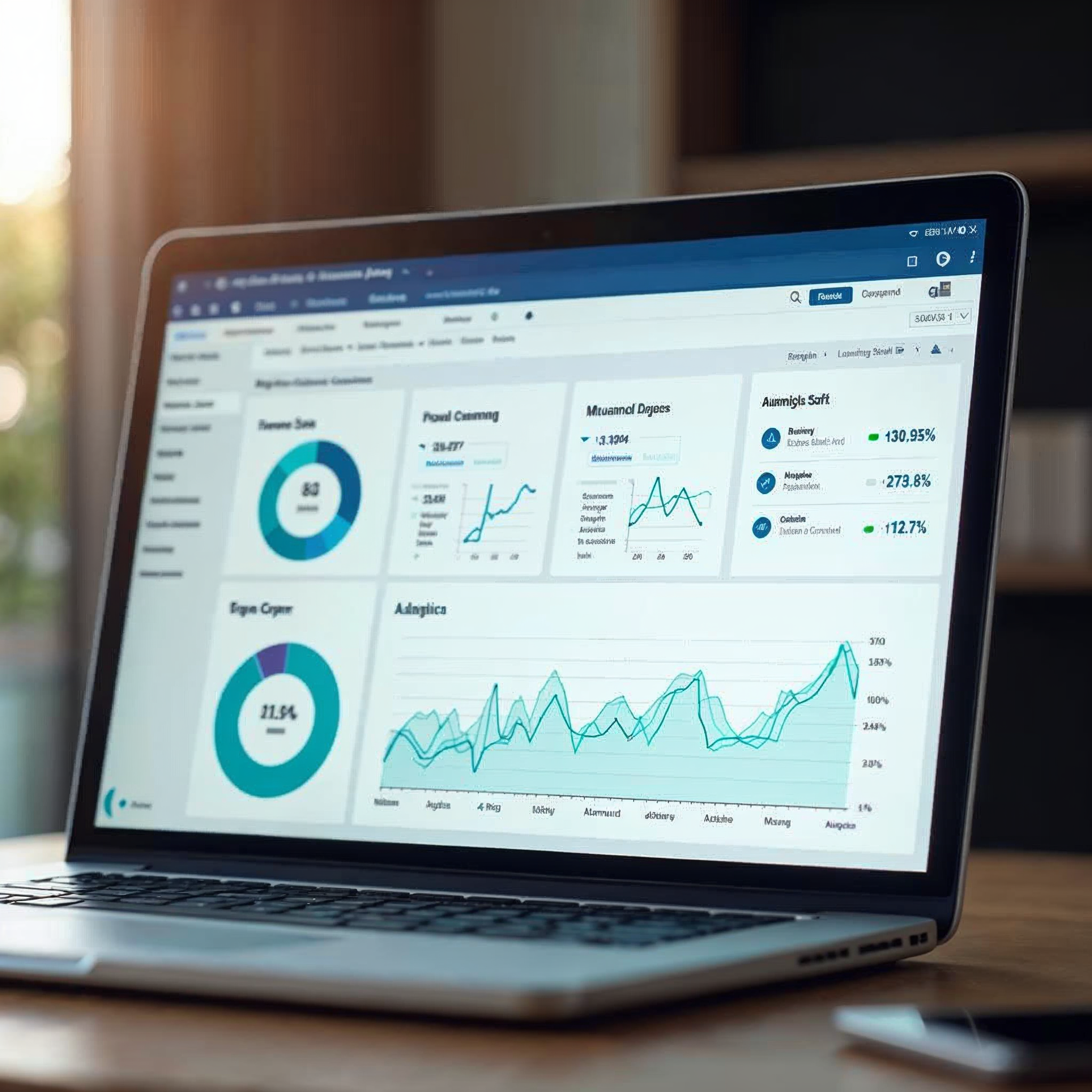 Professional laptop screen showing SEO analytics dashboard with keyword ranking graphs and health scores
