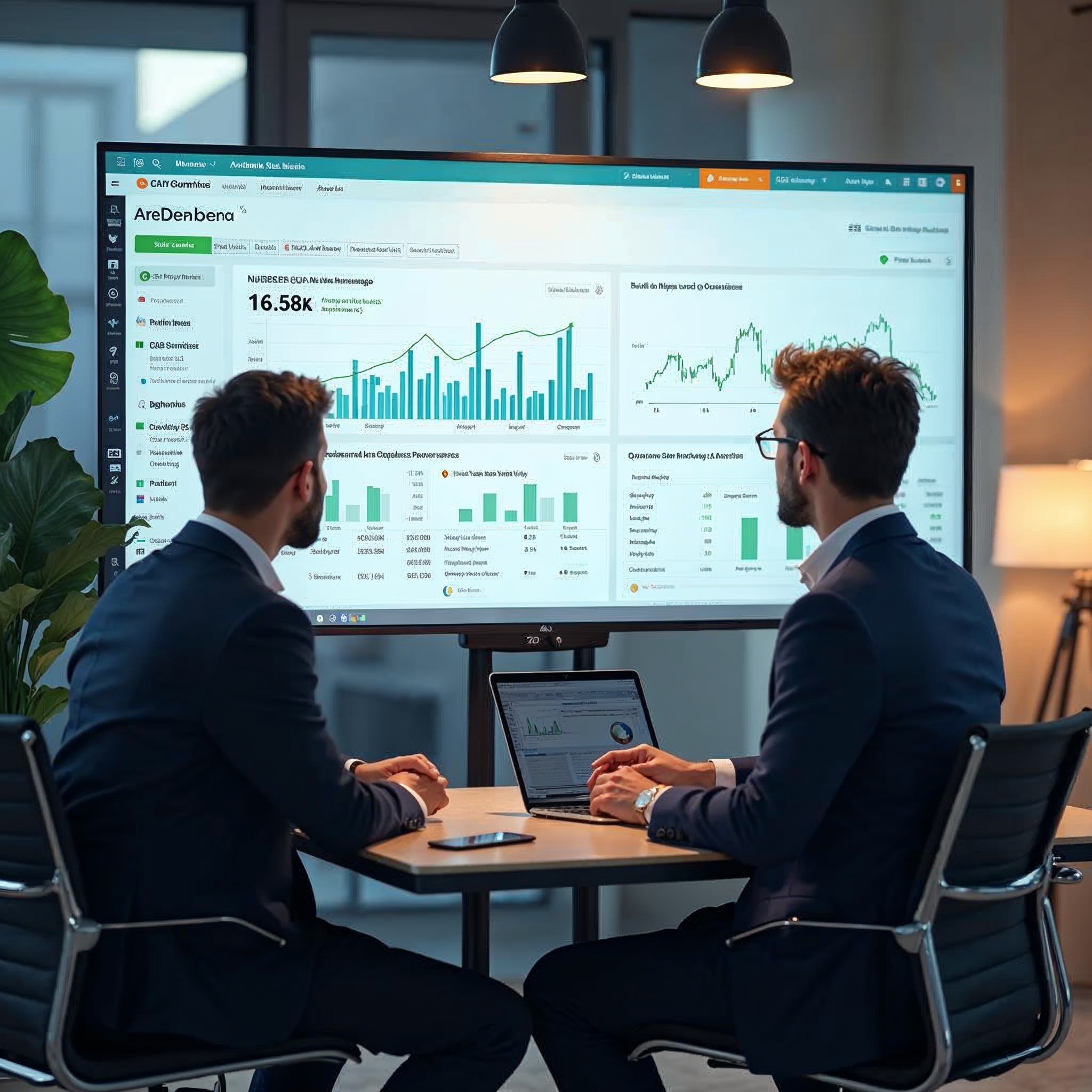 Marketing team collaborating around large screen displaying SEO platform dashboard with ranking charts