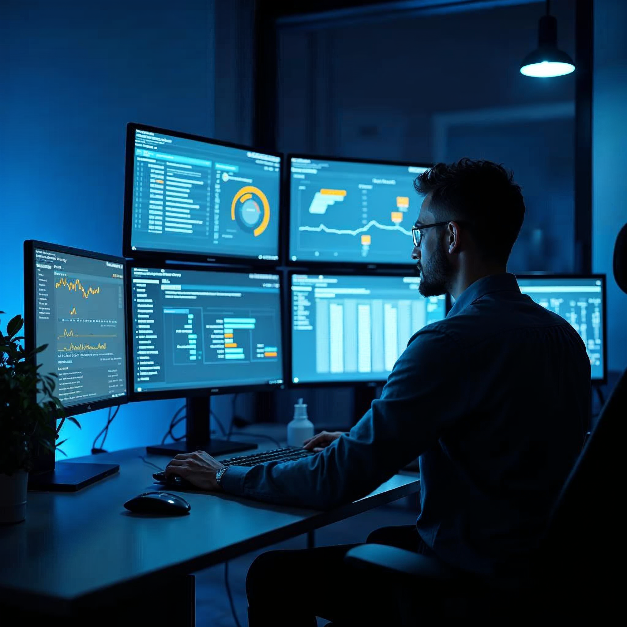 SEO specialist working on multiple monitors showing keyword research dashboards and site audit data
