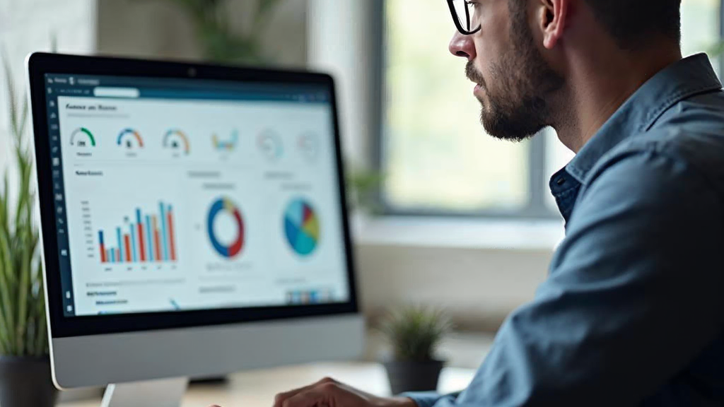 Digital strategist optimizing social media campaigns on a laptop with analytics dashboards