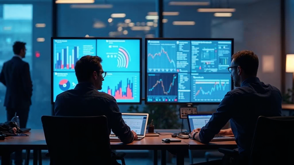 Marketing team analyzing Twitter growth metrics and engagement data on multiple screens