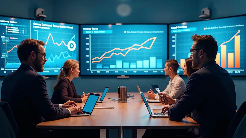 Business professionals discussing Twitter marketing strategy around a conference table