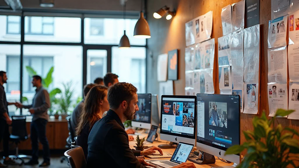 Creative agency team collaborating on social media campaign content in modern workspace