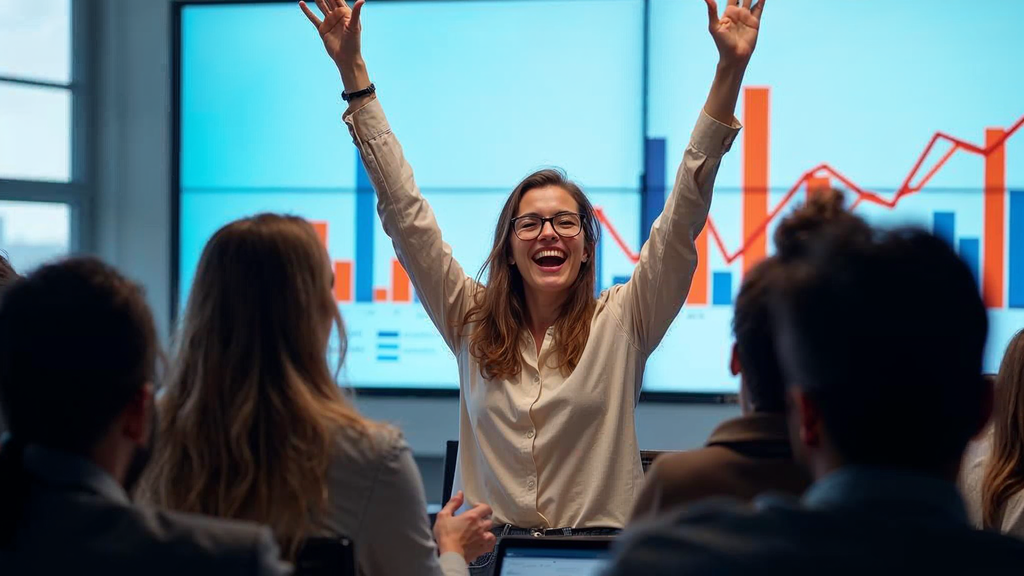 Marketing team celebrating a successful product launch with upward sales charts on screens