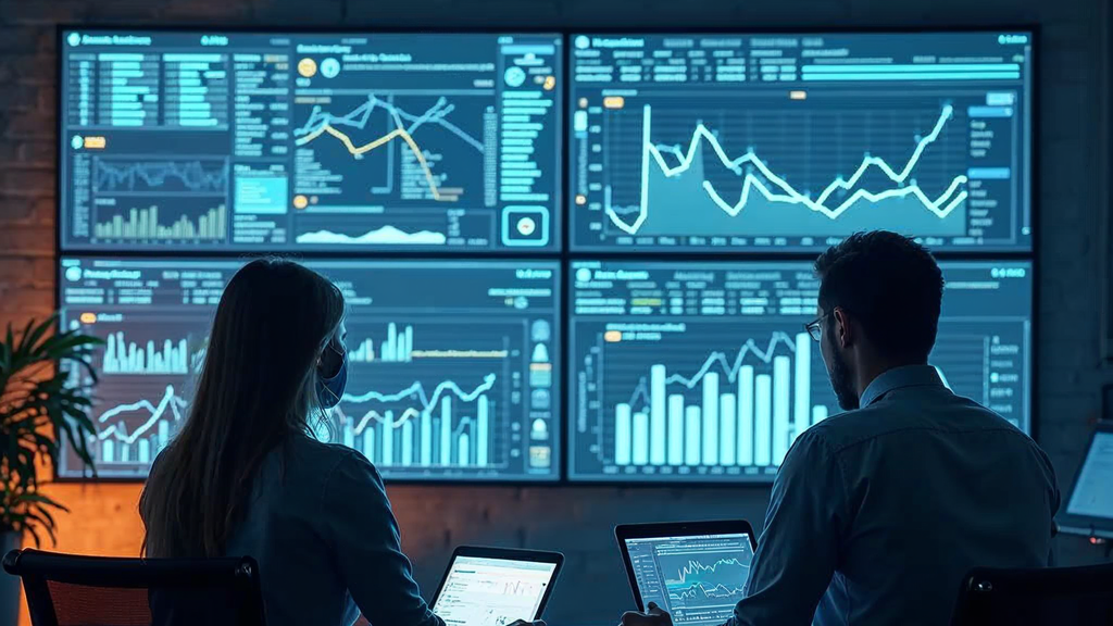 Marketing team analyzing backlink authority data on holographic screens with connection graphs
