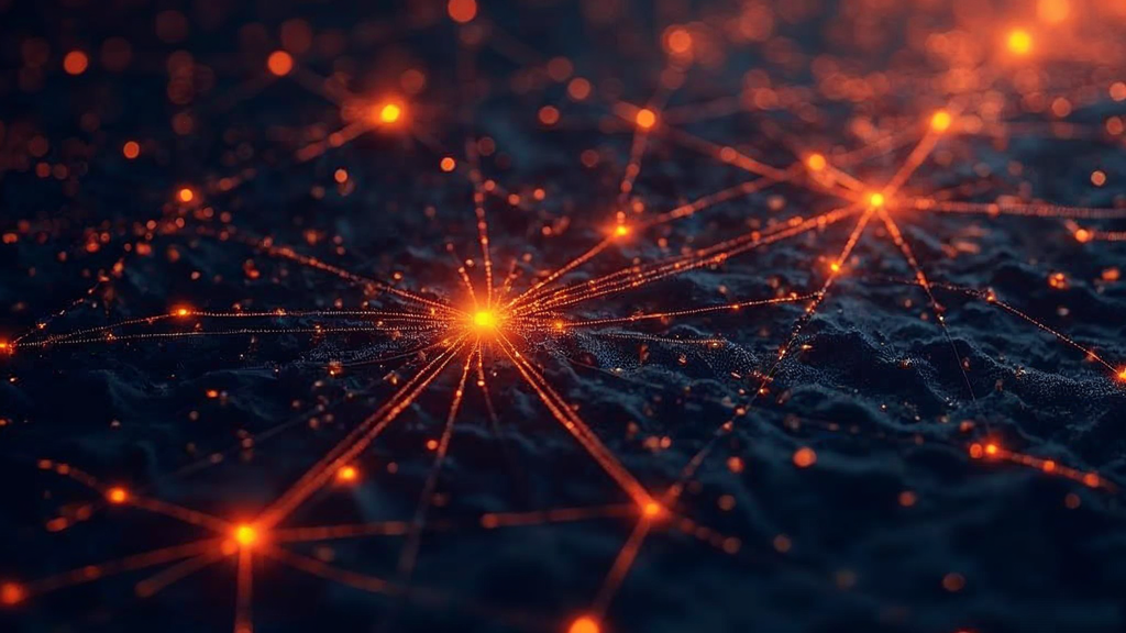 Abstract visualization of website interconnections and domain authority flow with glowing orange connection lines