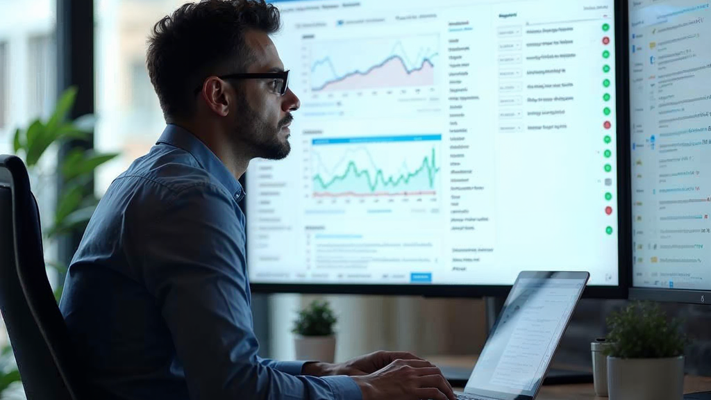 Digital marketer reviewing automated email outreach campaign results showing response rates on a large monitor
