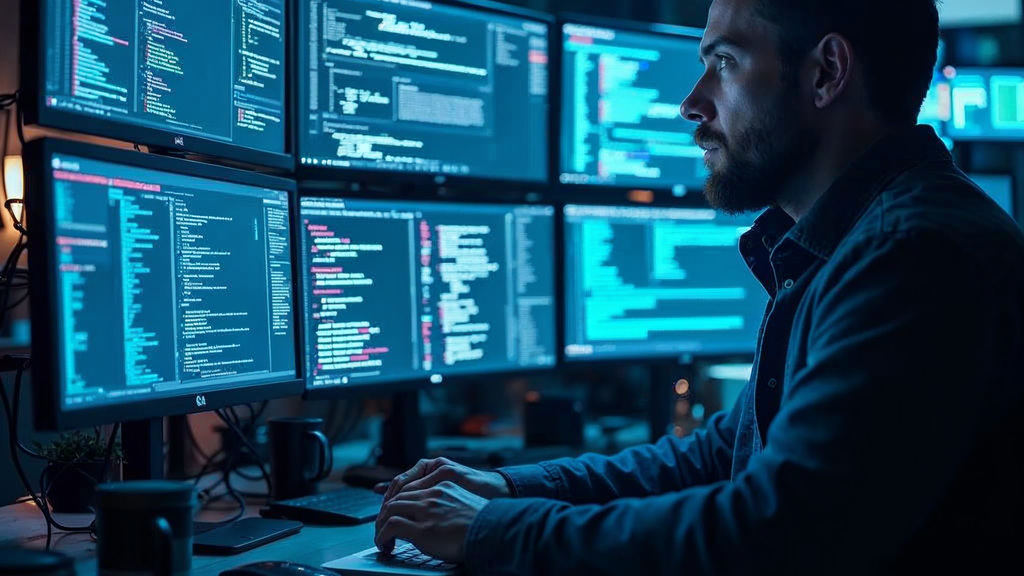 Software developer creating thousands of web pages using templates and databases on multiple screens