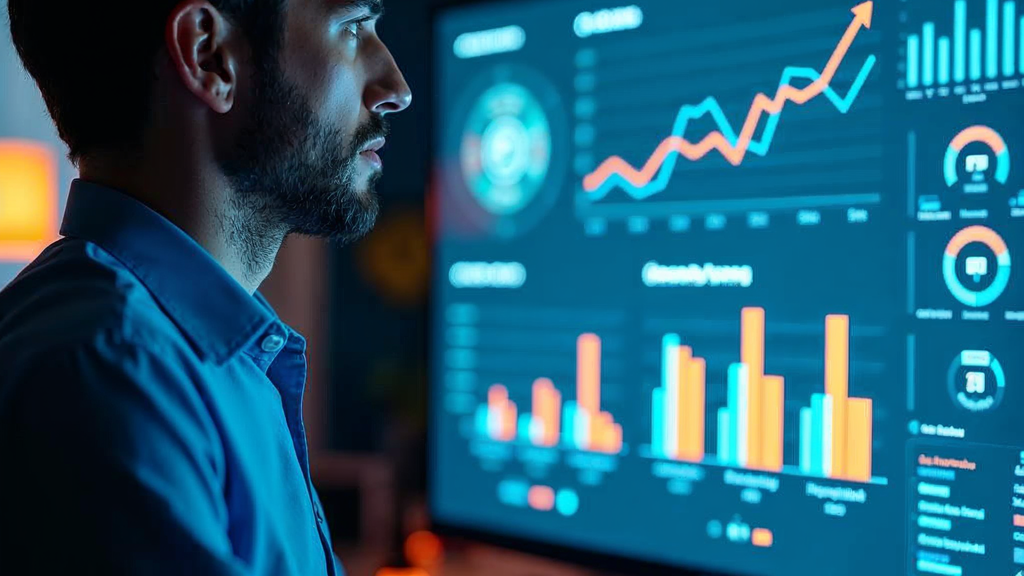 Marketing analyst examining programmatic SEO performance dashboard showing traffic growth and indexation metrics