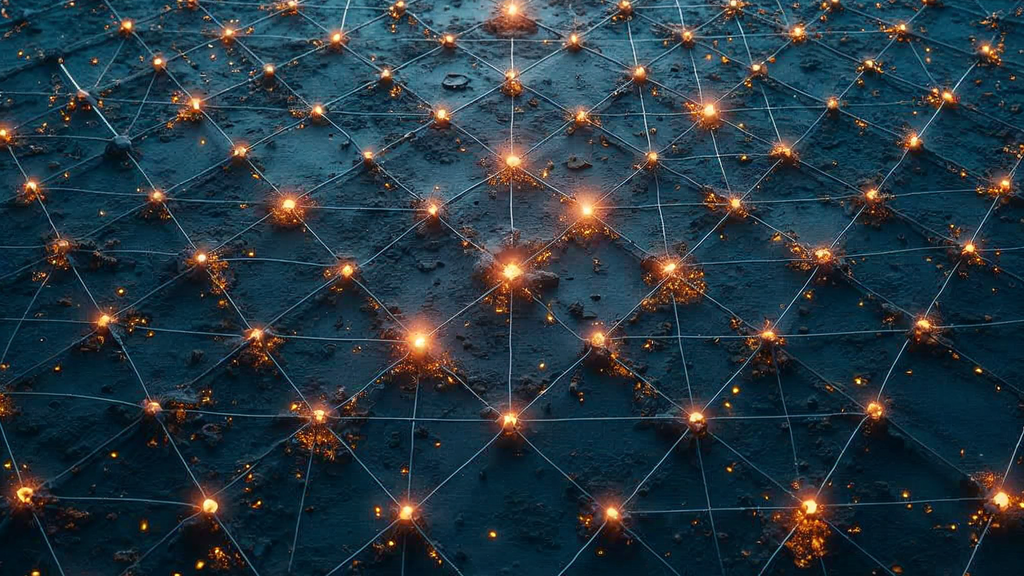 Aerial view of organized web structure representing thousands of programmatic landing pages with geometric grid pattern
