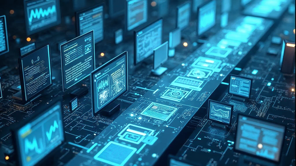 Abstract visualization of content templates multiplying into hundreds of optimized web pages on a digital conveyor